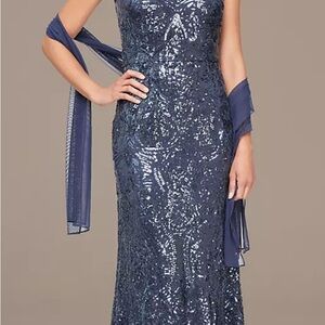 Alex Evenings Blue Sequin Embellished Gown with Shawl